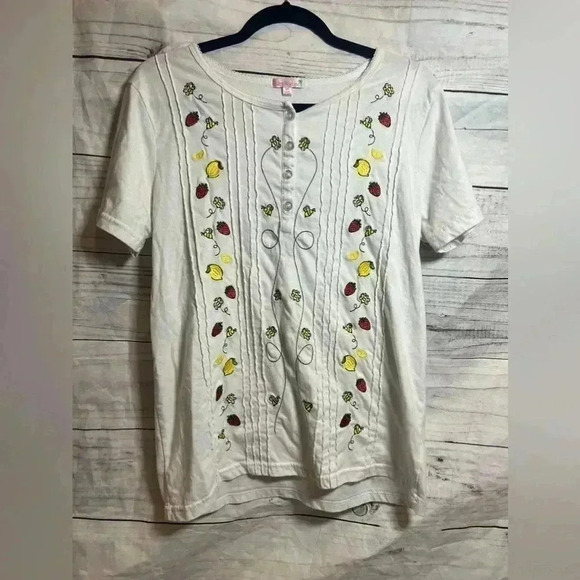 Palm harbor vintage Strawberry Lemon Fruit embroidered Cottagecore blouse Medium - Picture 1 of 6